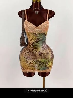 Leopard Print Lace Slip Dress in Peach & Multicolor